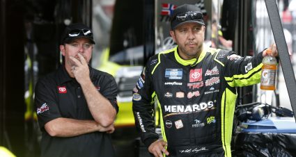 CONCORD, NORTH CAROLINA - MAY 28: , Matt Crafton, driver of the #88 Jack Links/Menards Toyota, and crew chief Carl Joiner wait in the garage area during practice for the NASCAR Camping World Truck Series North Carolina Education Lottery 200 at Charlotte Motor Speedway on May 28, 2021 in Concord, North Carolina. (Photo by Brian Lawdermilk/Getty Images) | Getty Images