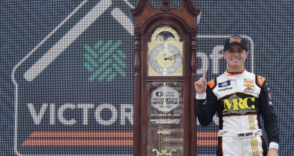 MARTINSVILLE, VIRGINIA - OCTOBER 30: Zane Smith, driver of the #21 MRC Construction Chevrolet, celebrates in the Ruoff Mortgage victory lane after winning the NASCAR Camping World Truck Series United Rentals 200 at Martinsville Speedway on October 30, 2021 in Martinsville, Virginia. (Photo by Logan Riely/Getty Images) | Getty Images