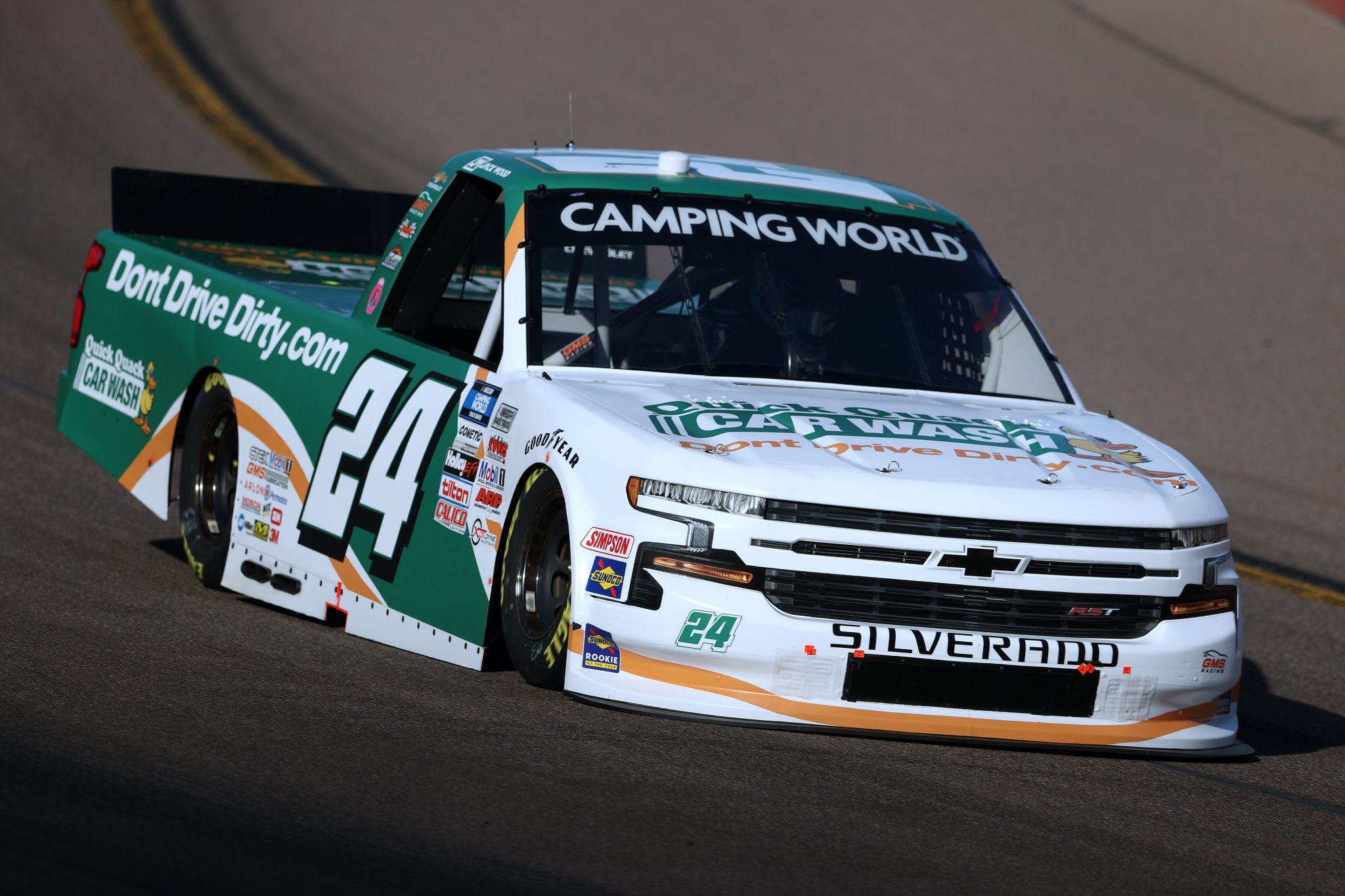 AVONDALE, ARIZONA - NOVEMBER 05: Jack Wood, driver of the #24 Quick Quack Car Wash Chevrolet, drives during qualifying for the NASCAR Camping World Truck Series Lucas Oil 150 at Phoenix Raceway on November 05, 2021 in Avondale, Arizona. (Photo by Christian Petersen/Getty Images) | Getty Images