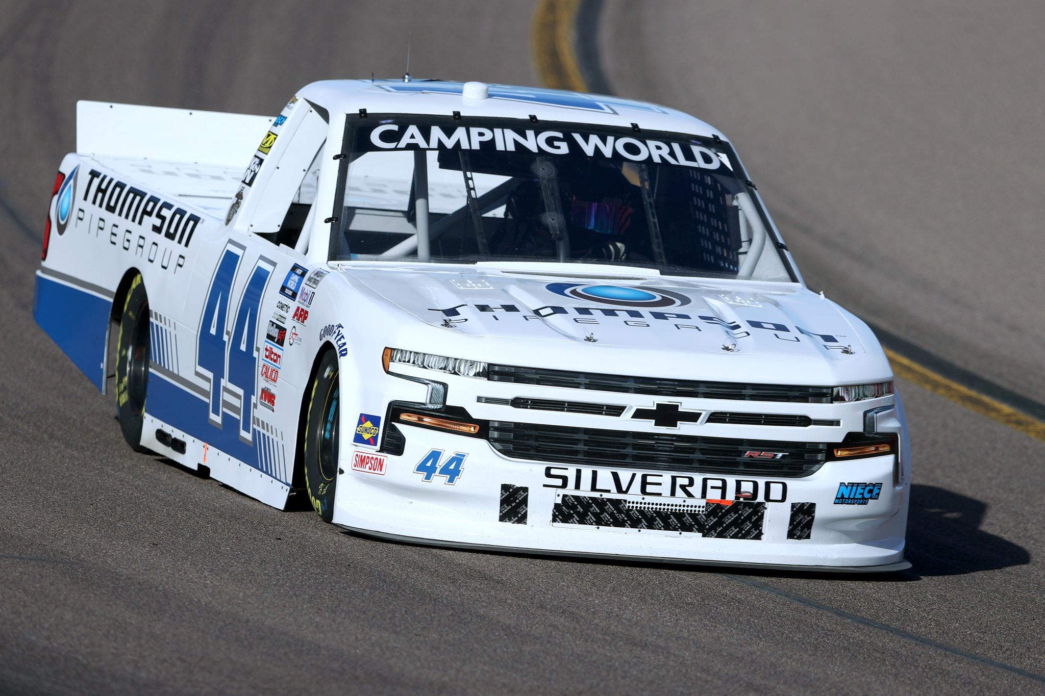 AVONDALE, ARIZONA - NOVEMBER 05: Dean Thompson, driver of the #44 Thompson Pipe Group Chevrolet, drives during qualifying for the NASCAR Camping World Truck Series Lucas Oil 150 at Phoenix Raceway on November 05, 2021 in Avondale, Arizona. (Photo by Christian Petersen/Getty Images) | Getty Images