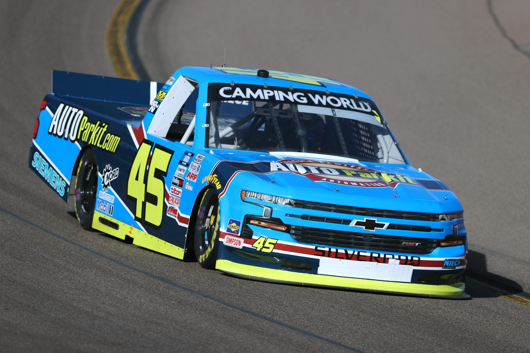AVONDALE, ARIZONA - NOVEMBER 05: Lawless Alan, driver of the #45 AutoParkIt.com Chevrolet, drives during qualifying for the NASCAR Camping World Truck Series Lucas Oil 150 at Phoenix Raceway on November 05, 2021 in Avondale, Arizona. (Photo by Christian Petersen/Getty Images) | Getty Images