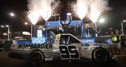 AVONDALE, ARIZONA - NOVEMBER 05: Ben Rhodes, driver of the #99 Bombardier LearJet 75 Toyota, celebrates in victory lane after winning the 2021 NASCAR Camping World Truck Series Championship at Phoenix Raceway on November 05, 2021 in Avondale, Arizona. (Photo by Chris Graythen/Getty Images) | Getty Images