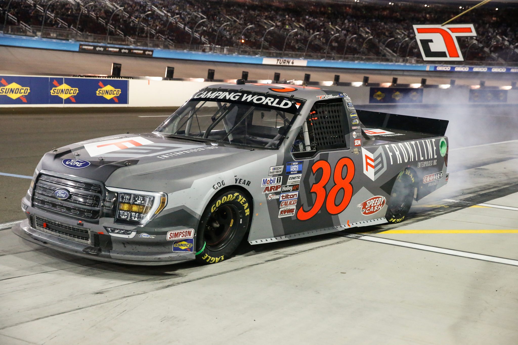 AVONDALE, AZ - NOVEMBER 05:   #38: Todd Gilliland, Front Row Motorsports, Ford F-150 Frontline Enterprises plus out after a pit stop during the NASCAR Camping World Truck Series Lucas Oil 150 race on November 5, 2021 at Phoenix Raceway in Avondale, Arizona. (Photo by Kevin Abele/Icon Sportswire via Getty Images)