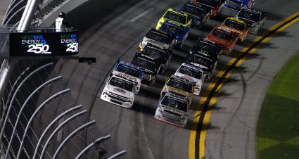 DAYTONA BEACH, FLORIDA - FEBRUARY 12: Johnny Sauter, driver of the #13 Vivitar/RealTree Toyota, and Sheldon Creed, driver of the #2 I.B.E.W. Chevrolet,  lead the field during the NASCAR Camping World Truck Series NextEra Energy 250 at Daytona International Speedway on February 12, 2021 in Daytona Beach, Florida. (Photo by Brian Lawdermilk/Getty Images) | Getty Images