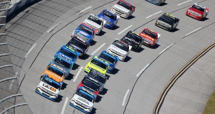 TALLADEGA, ALABAMA - OCTOBER 03: Sheldon Creed, driver of the #2 Chevy Truck Month Chevrolet, and Brett Moffitt, driver of the #23 FR8 Auctions Chevrolet, lead the field during the NASCAR Gander RV & Outdoors Truck Series Chevy Silverado 250  at Talladega Superspeedway on October 03, 2020 in Talladega, Alabama. (Photo by Brian Lawdermilk/Getty Images) | Getty Images