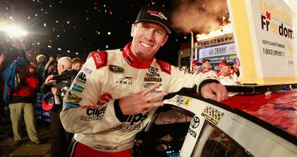 FORT WORTH, TX - NOVEMBER 06:  Carl Edwards, driver of the #19 Sport Clips Toyota, poses in Victory Lane with the winner's decal after winning the rain-shortened NASCAR Sprint Cup Series AAA Texas 500 at Texas Motor Speedway on November 6, 2016 in Fort Worth, Texas.  (Photo by Matt Sullivan/NASCAR via Getty Images)