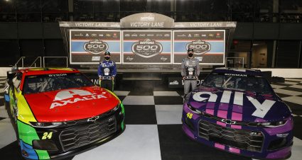 DAYTONA BEACH, FLORIDA - FEBRUARY 10: Pole winner Alex Bowman, driver of the #48 Ally Chevrolet, and second place winner William Byron, driver of the #24 Axalta Chevrolet, celebrate in Victory Lane after qualifying for the NASCAR Cup Series 63rd Annual Daytona 500 at Daytona International Speedway on February 10, 2021 in Daytona Beach, Florida. (Photo by Chris Graythen/Getty Images) | Getty Images
