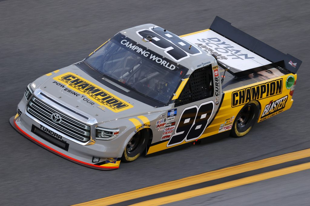 DAYTONA BEACH, FLORIDA - FEBRUARY 11: Grant Enfinger, driver of the #98 Champion/Curb Records Toyota, practices for the NASCAR Camping World Truck Series NextEra Energy 250 at Daytona International Speedway on February 11, 2021 in Daytona Beach, Florida. (Photo by Jared C. Tilton/Getty Images) | Getty Images