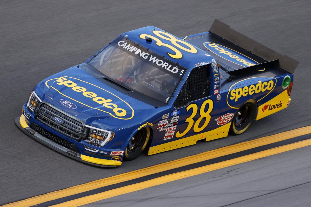 DAYTONA BEACH, FLORIDA - FEBRUARY 11: Todd Gilliland, driver of the #38 Speedco Ford, practices for the NASCAR Camping World Truck Series NextEra Energy 250 at Daytona International Speedway on February 11, 2021 in Daytona Beach, Florida. (Photo by Jared C. Tilton/Getty Images) | Getty Images