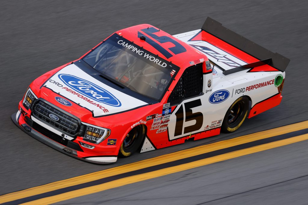 DAYTONA BEACH, FLORIDA - FEBRUARY 11: Tanner Gray, driver of the #15 Ford Performance Ford, practices for the NASCAR Camping World Truck Series NextEra Energy 250 at Daytona International Speedway on February 11, 2021 in Daytona Beach, Florida. (Photo by Jared C. Tilton/Getty Images) | Getty Images