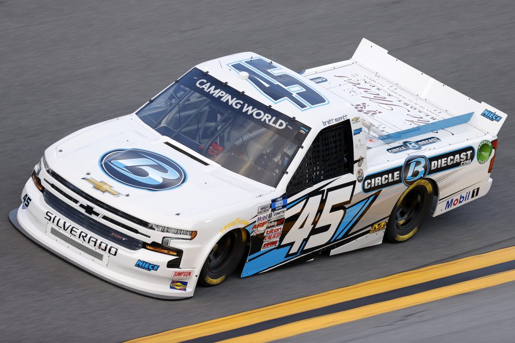 DAYTONA BEACH, FLORIDA - FEBRUARY 11: Brett Moffitt, driver of the #45 Circle B Diecast Chevrolet, practices for the NASCAR Camping World Truck Series NextEra Energy 250 at Daytona International Speedway on February 11, 2021 in Daytona Beach, Florida. (Photo by Jared C. Tilton/Getty Images) | Getty Images