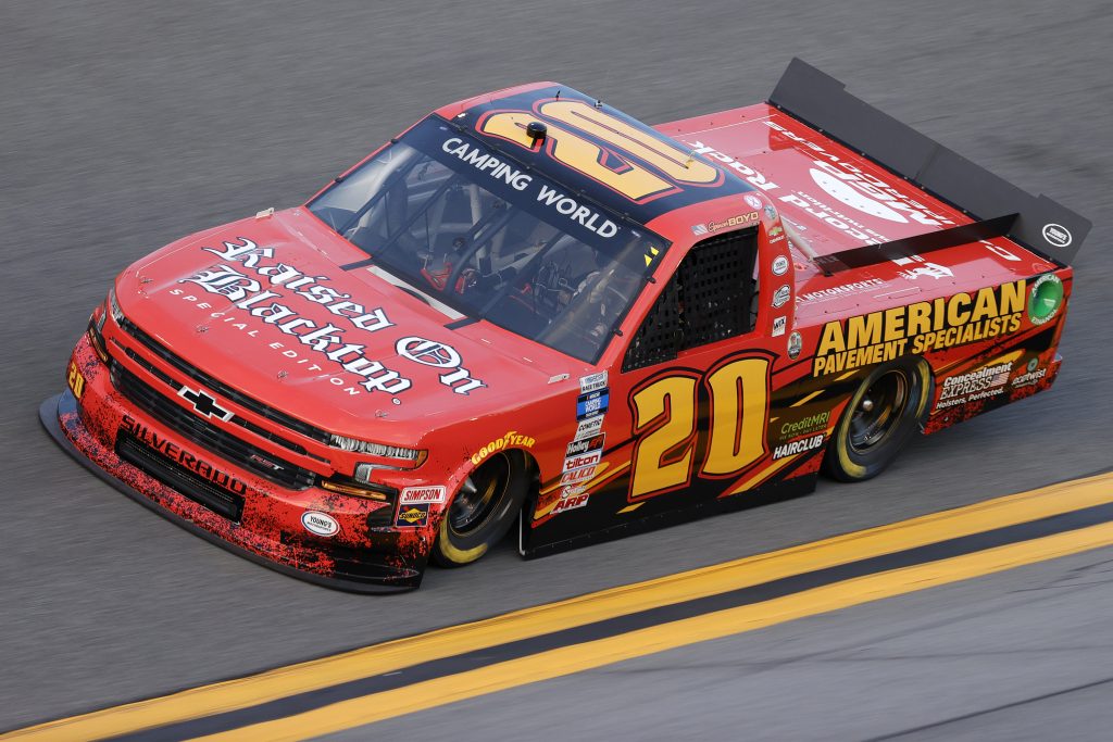 DAYTONA BEACH, FLORIDA - FEBRUARY 11: Spencer Boyd, driver of the #20 American PVMT/Raised On BlkTop Chevrolet, practices for the NASCAR Camping World Truck Series NextEra Energy 250 at Daytona International Speedway on February 11, 2021 in Daytona Beach, Florida. (Photo by Jared C. Tilton/Getty Images) | Getty Images