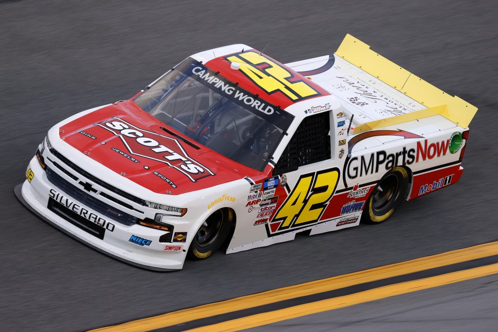 DAYTONA BEACH, FLORIDA - FEBRUARY 11: Carson Hocevar, driver of the #42 GM Parts Now Chevrolet, practices for the NASCAR Camping World Truck Series NextEra Energy 250 at Daytona International Speedway on February 11, 2021 in Daytona Beach, Florida. (Photo by Jared C. Tilton/Getty Images) | Getty Images