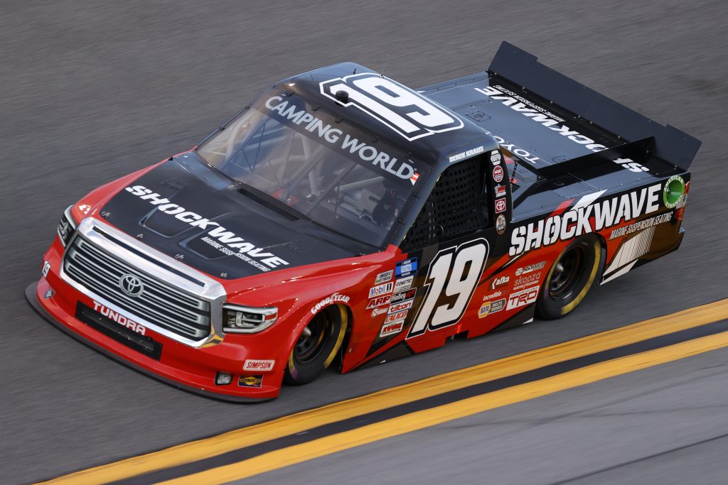 DAYTONA BEACH, FLORIDA - FEBRUARY 11: Derek Kraus, driver of the #19 MHR SHOCKWAVE Toyota, practices for the NASCAR Camping World Truck Series NextEra Energy 250 at Daytona International Speedway on February 11, 2021 in Daytona Beach, Florida. (Photo by Jared C. Tilton/Getty Images) | Getty Images