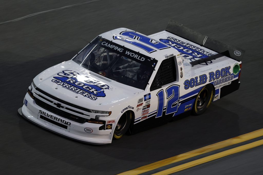 DAYTONA BEACH, FLORIDA - FEBRUARY 11: Tate Fogleman, driver of the #12 Solid Rock Carriers Chevrolet, practices for the NASCAR Camping World Truck Series NextEra Energy 250 at Daytona International Speedway on February 11, 2021 in Daytona Beach, Florida. (Photo by Jared C. Tilton/Getty Images) | Getty Images
