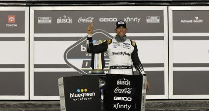 DAYTONA BEACH, FLORIDA - FEBRUARY 11: Aric Almirola, driver of the #10 Smithfield Ford, celebrates in victory lane after winning the NASCAR Cup Series Bluegreen Vacations Duel #1 at Daytona International Speedway on February 11, 2021 in Daytona Beach, Florida. (Photo by Chris Graythen/Getty Images) | Getty Images