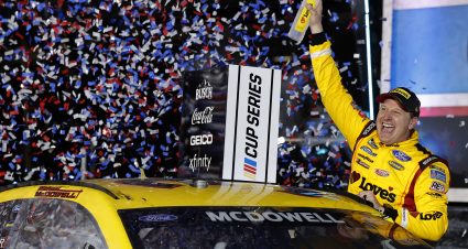 DAYTONA BEACH, FLORIDA - FEBRUARY 14: Michael McDowell, driver of the #34 Love's Travel Stops Ford, celebrates in victory lane after winning the NASCAR Cup Series 63rd Annual Daytona 500 at Daytona International Speedway on February 14, 2021 in Daytona Beach, Florida. (Photo by Jared C. Tilton/Getty Images) | Getty Images