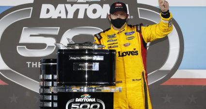 DAYTONA BEACH, FLORIDA - FEBRUARY 14: Michael McDowell, driver of the #34 Love's Travel Stops Ford, celebrates in victory lane after winning the NASCAR Cup Series 63rd Annual Daytona 500 at Daytona International Speedway on February 14, 2021 in Daytona Beach, Florida. (Photo by Chris Graythen/Getty Images) | Getty Images