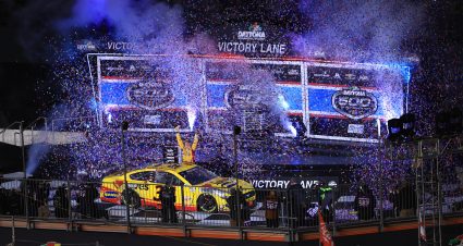 DAYTONA BEACH, FLORIDA - FEBRUARY 14: Michael McDowell, driver of the #34 Love's Travel Stops Ford, celebrates in victory lane after winning the NASCAR Cup Series 63rd Annual Daytona 500 at Daytona International Speedway on February 14, 2021 in Daytona Beach, Florida. (Photo by Mike Ehrmann/Getty Images) | Getty Images