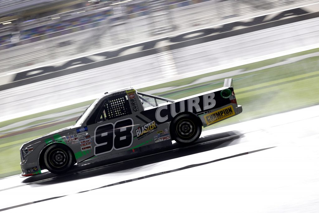 DAYTONA BEACH, FLORIDA - FEBRUARY 19: Christian Eckes, driver of the #98 ProtectTheHarvest.com Toyota, drives during the NASCAR Camping World Truck Series BrakeBest Brake Pads 159 At Daytona Presented by O'Reilly at Daytona International Speedway on February 19, 2021 in Daytona Beach, Florida. (Photo by Chris Graythen/Getty Images) | Getty Images