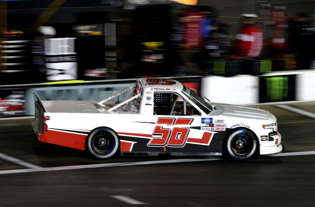 DAYTONA BEACH, FLORIDA - FEBRUARY 19: Timmy Hill, driver of the #56 Chevrolet, exits pit road during the NASCAR Camping World Truck Series BrakeBest Brake Pads 159 At Daytona Presented by O'Reilly at Daytona International Speedway on February 19, 2021 in Daytona Beach, Florida. (Photo by James Gilbert/Getty Images) | Getty Images