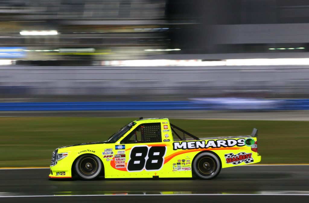 DAYTONA BEACH, FLORIDA - FEBRUARY 19: Matt Crafton, driver of the #88 Black Label Bacon/Menards Toyota, drives during the NASCAR Camping World Truck Series BrakeBest Brake Pads 159 At Daytona Presented by O'Reilly at Daytona International Speedway on February 19, 2021 in Daytona Beach, Florida. (Photo by Brian Lawdermilk/Getty Images) | Getty Images