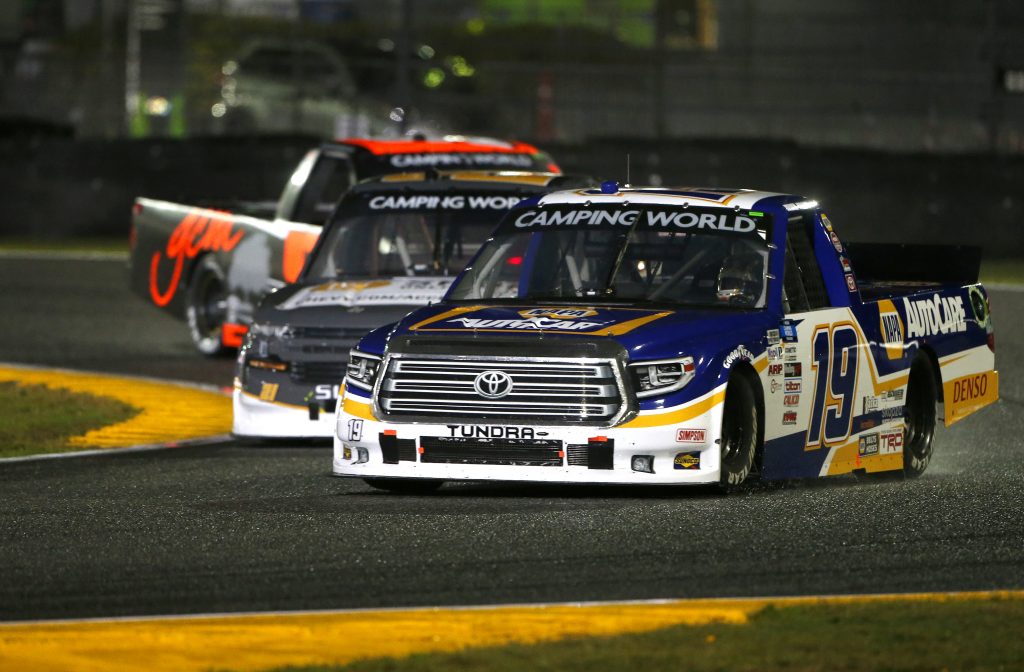 DAYTONA BEACH, FLORIDA - FEBRUARY 19: Derek Kraus, driver of the #19 NAPA Auto Care Toyota, leads the field during the NASCAR Camping World Truck Series BrakeBest Brake Pads 159 At Daytona Presented by O'Reilly at Daytona International Speedway on February 19, 2021 in Daytona Beach, Florida. (Photo by Brian Lawdermilk/Getty Images) | Getty Images