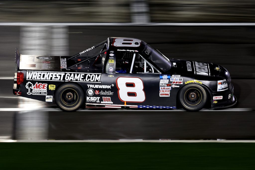 DAYTONA BEACH, FLORIDA - FEBRUARY 19: Camden Murphy, driver of the #8 WRECKFESTGAME.com Ford, drives during the NASCAR Camping World Truck Series BrakeBest Brake Pads 159 At Daytona Presented by O'Reilly at Daytona International Speedway on February 19, 2021 in Daytona Beach, Florida. (Photo by James Gilbert/Getty Images) | Getty Images