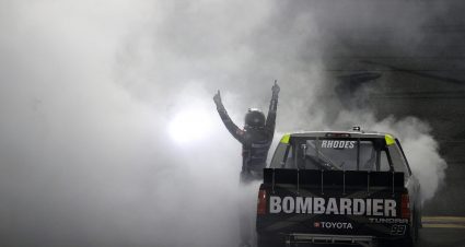 DAYTONA BEACH, FLORIDA - FEBRUARY 19: Ben Rhodes, driver of the #99 Bombardier LearJet 75 Toyota, celebrates with a burnout after winning the NASCAR Camping World Truck Series BrakeBest Brake Pads 159 At Daytona Presented by O'Reilly at Daytona International Speedway on February 19, 2021 in Daytona Beach, Florida. (Photo by Chris Graythen/Getty Images) | Getty Images