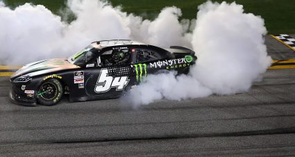 DAYTONA BEACH, FLORIDA - FEBRUARY 20: Ty Gibbs, driver of the #54 Monster Energy Toyota, celebrates with a burnout after winning the NASCAR Xfinity Super Start Batteries 188 At Daytona Presented by O'Reilly at Daytona International Speedway on February 20, 2021 in Daytona Beach, Florida. (Photo by James Gilbert/Getty Images) | Getty Images