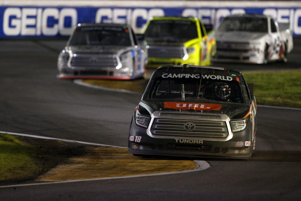 DAYTONA BEACH, FLORIDA - FEBRUARY 19: Chandler Smith, driver of the #18 JBL Toyota, lelads the field during the NASCAR Camping World Truck Series BrakeBest Brake Pads 159 At Daytona Presented by O'Reilly at Daytona International Speedway on February 19, 2021 in Daytona Beach, Florida. (Photo by Brian Lawdermilk/Getty Images) | Getty Images