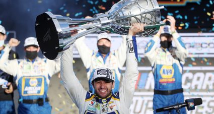 AVONDALE, ARIZONA - NOVEMBER 08: Chase Elliott, driver of the #9 NAPA Auto Parts Chevrolet, celebrates in victory lane after winning the NASCAR Cup Series Season Finale 500 and the 2020 NASCAR Cup Series Championship at Phoenix Raceway on November 08, 2020 in Avondale, Arizona. (Photo by Chris Graythen/Getty Images) | Getty Images