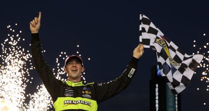 AVONDALE, ARIZONA - NOVEMBER 07: Austin Cindric, driver of the #22 Menards/Richmond Ford, celebrates in victory lane after winning  the NASCAR Xfinity Series Desert Diamond Casino West Valley 200 and the 2020 NASCAR Xfinity Series Championship at Phoenix Raceway on November 07, 2020 in Avondale, Arizona. (Photo by Chris Graythen/Getty Images) | Getty Images