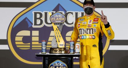 DAYTONA BEACH, FLORIDA - FEBRUARY 09: Kyle Busch, driver of the #18 M&M's Toyota, celebrates in Victory Lane after winning the NASCAR Cup Series Busch Clash at Daytona at Daytona International Speedway on February 09, 2021 in Daytona Beach, Florida. (Photo by Chris Graythen/Getty Images) | Getty Images
