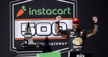 AVONDALE, ARIZONA - MARCH 14: Martin Truex Jr., driver of the #19 Bass Pro Toyota, celebrates in victory lane after winning the NASCAR Cup Series Instacart 500 at Phoenix Raceway on March 14, 2021 in Avondale, Arizona. (Photo by Christian Petersen/Getty Images) | Getty Images