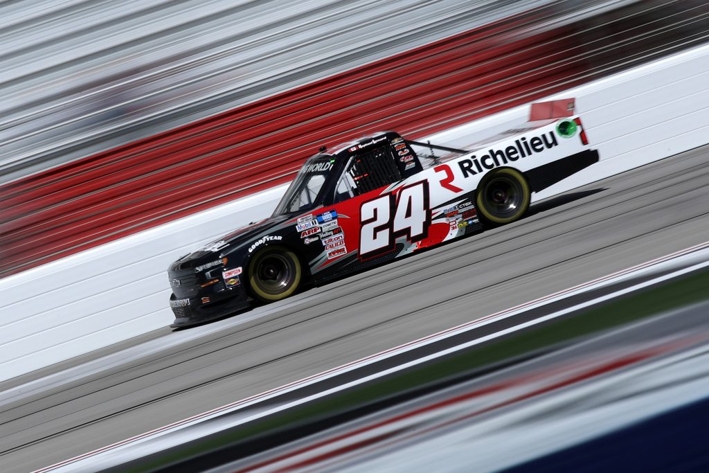 HAMPTON, GEORGIA - MARCH 20: Raphael Lessard, driver of the #24 Richelieu Chevrolet, drives during the NASCAR Camping World Truck Series Fr8Auctions 200 at Atlanta Motor Speedway on March 20, 2021 in Hampton, Georgia. (Photo by Sean Gardner/Getty Images) | Getty Images