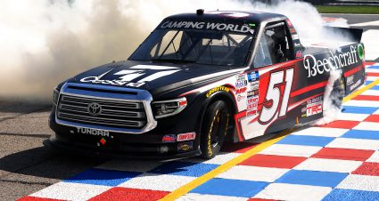 HAMPTON, GEORGIA - MARCH 20: Kyle Busch, driver of the #51 Cessna Toyota, celebrates with a burnout after winning the NASCAR Camping World Truck Series Fr8Auctions 200 at Atlanta Motor Speedway on March 20, 2021 in Hampton, Georgia. (Photo by Kevin C. Cox/Getty Images) | Getty Images