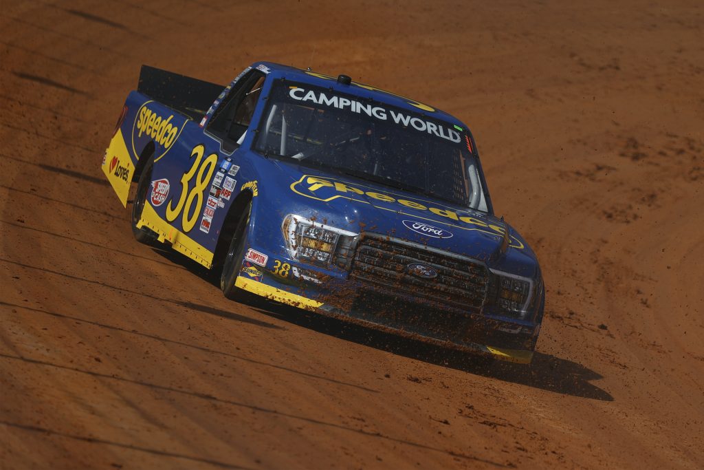 BRISTOL, TENNESSEE - MARCH 26: Todd Gilliland, driver of the #38 Speedco Ford, drives during practice for the NASCAR Camping World Truck Series Pinty's Truck Race on Dirt at Bristol Motor Speedway on March 26, 2021 in Bristol, Tennessee. (Photo by Jared C. Tilton/Getty Images) | Getty Images