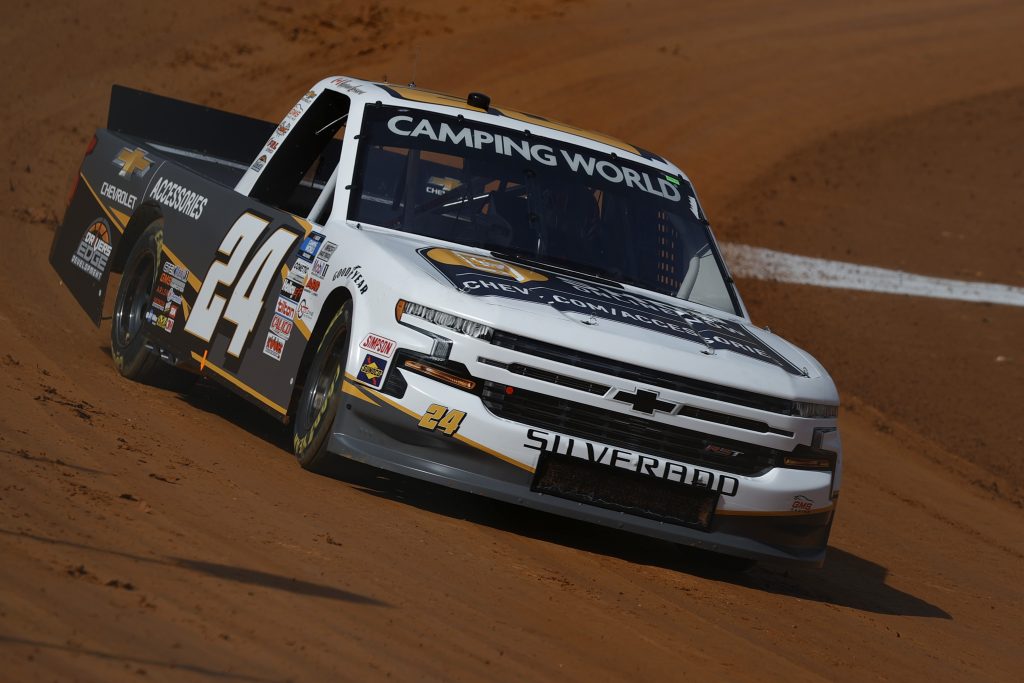 BRISTOL, TENNESSEE - MARCH 26: Raphael Lessard, driver of the #24 Chevy Accessories Chevrolet, drives during practice for the NASCAR Camping World Truck Series Pinty's Truck Race on Dirt at Bristol Motor Speedway on March 26, 2021 in Bristol, Tennessee. (Photo by Jared C. Tilton/Getty Images) | Getty Images