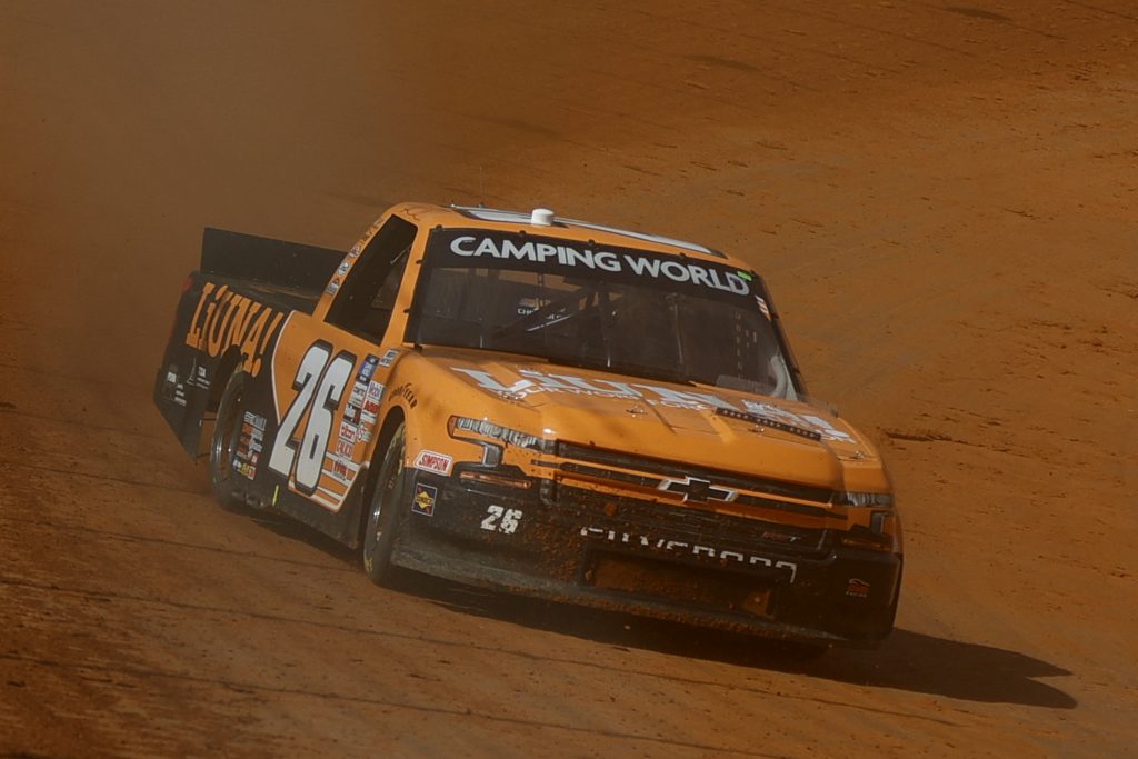BRISTOL, TENNESSEE - MARCH 26: Tyler Ankrum, driver of the #26 LiUNA! Chevrolet, drives during practice for the NASCAR Camping World Truck Series Pinty's Truck Race on Dirt at Bristol Motor Speedway on March 26, 2021 in Bristol, Tennessee. (Photo by Jared C. Tilton/Getty Images) | Getty Images