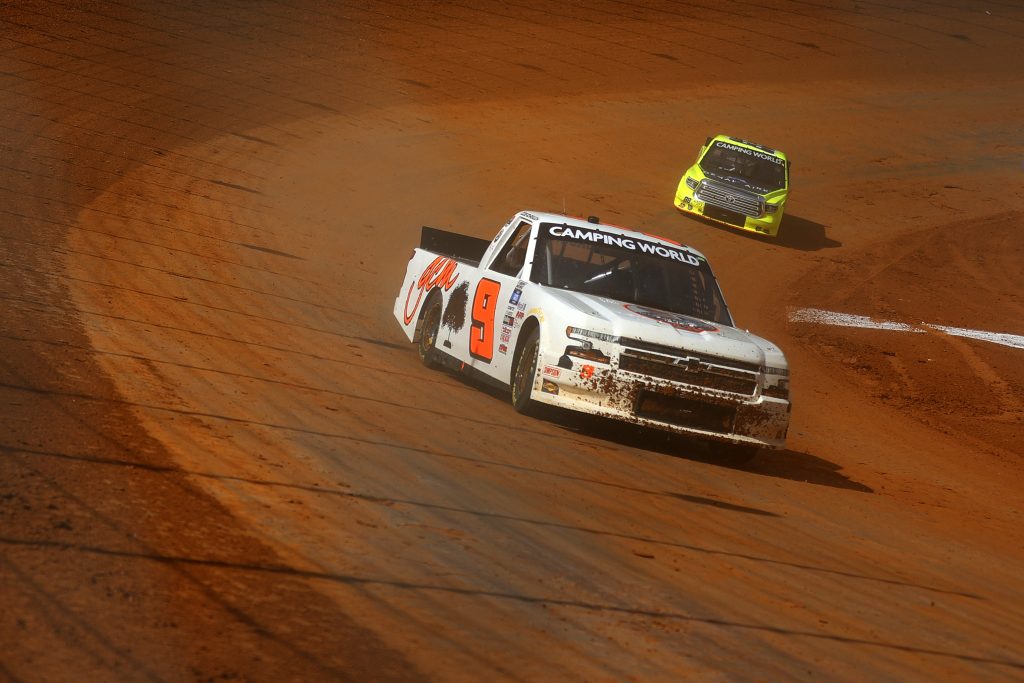 BRISTOL, TENNESSEE - MARCH 26: Codie Rohrbaugh, driver of the #9 Grant County Mulch Chevrolet, drives during practice for the NASCAR Camping World Truck Series Pinty's Truck Race on Dirt at Bristol Motor Speedway on March 26, 2021 in Bristol, Tennessee. (Photo by Jared C. Tilton/Getty Images) | Getty Images