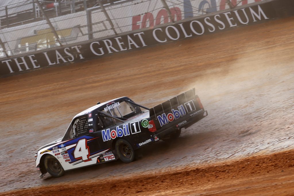 BRISTOL, TENNESSEE - MARCH 26: John Hunter Nemechek, driver of the #4 Mobil 1 Toyota, drives during practice for the NASCAR Camping World Truck Series Pinty's Truck Race on Dirt at Bristol Motor Speedway on March 26, 2021 in Bristol, Tennessee. (Photo by Chris Graythen/Getty Images) | Getty Images