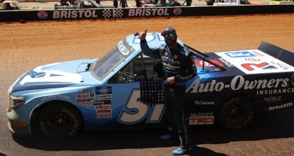 BRISTOL, TENNESSEE - MARCH 29: Martin Truex Jr., driver of the #51 Auto-Owners Insurance Toyota, gives a thumbs up to fans after winning the NASCAR Camping World Truck Series Pinty's Truck Race on Dirt at Bristol Motor Speedway on March 29, 2021 in Bristol, Tennessee. (Photo by Jared C. Tilton/Getty Images) | Getty Images