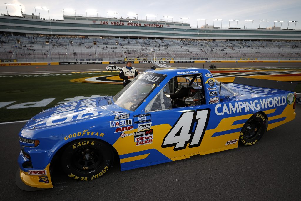 LAS VEGAS, NEVADA - MARCH 05: The #41 Camping World Chevrolet, driven by Dawson Cram sits on the grid prior to the NASCAR Camping World Truck Series Bucked Up 200 at The Bullring at Las Vegas Motor Speedway on March 05, 2021 in Las Vegas, Nevada. (Photo by Chris Graythen/Getty Images) | Getty Images