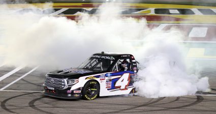 LAS VEGAS, NEVADA - MARCH 05: John Hunter Nemechek, driver of the #4 Mobil 1 Toyota, celebrates with a burnout after winning the NASCAR Camping World Truck Series Bucked Up 200 at The Bullring at Las Vegas Motor Speedway on March 05, 2021 in Las Vegas, Nevada. (Photo by Abbie Parr/Getty Images) | Getty Images