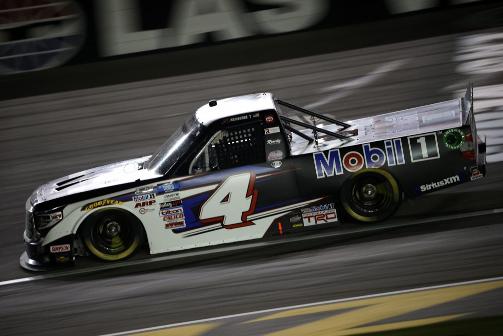 LAS VEGAS, NEVADA - MARCH 05: John Hunter Nemechek, driver of the #4 Mobil 1 Toyota, drives during the NASCAR Camping World Truck Series Bucked Up 200 at The Bullring at Las Vegas Motor Speedway on March 05, 2021 in Las Vegas, Nevada. (Photo by Chris Graythen/Getty Images) | Getty Images