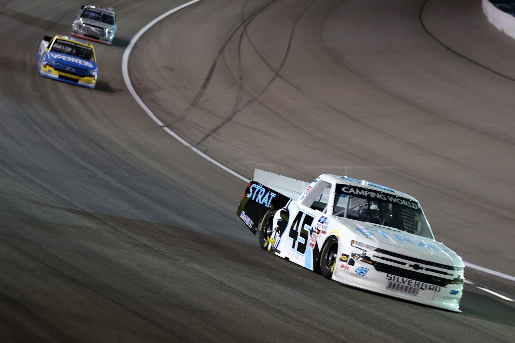 LAS VEGAS, NEVADA - MARCH 05: Brett Moffitt, driver of the #45 The Strat Chevrolet, drives during the NASCAR Camping World Truck Series Bucked Up 200 at The Bullring at Las Vegas Motor Speedway on March 05, 2021 in Las Vegas, Nevada. (Photo by Abbie Parr/Getty Images) | Getty Images