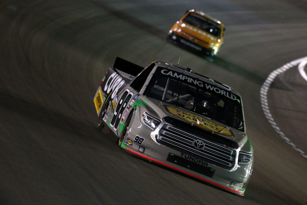 LAS VEGAS, NEVADA - MARCH 05: Christian Eckes, driver of the #98 ProtectTheHarvest.com Toyota, drives during the NASCAR Camping World Truck Series Bucked Up 200 at The Bullring at Las Vegas Motor Speedway on March 05, 2021 in Las Vegas, Nevada. (Photo by Brian Lawdermilk/Getty Images) | Getty Images