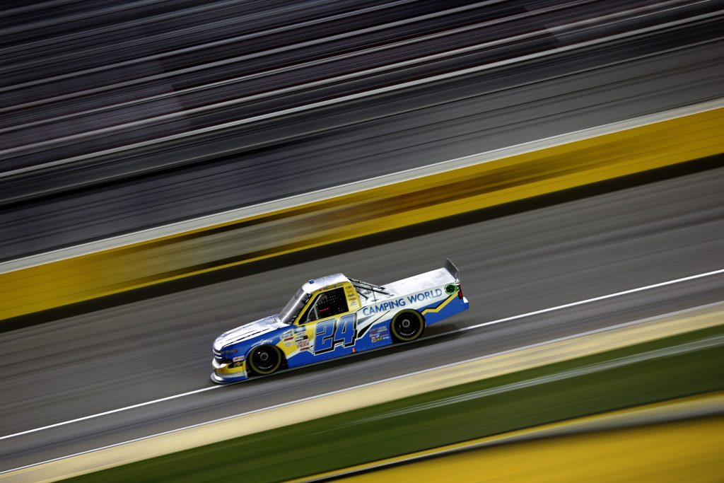 LAS VEGAS, NEVADA - MARCH 05: Raphael Lessard, driver of the #24 Camping World Chevrolet, drives during the NASCAR Camping World Truck Series Bucked Up 200 at The Bullring at Las Vegas Motor Speedway on March 05, 2021 in Las Vegas, Nevada. (Photo by Chris Graythen/Getty Images) | Getty Images