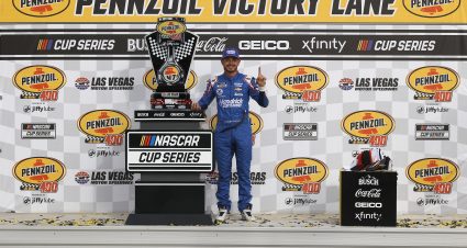 LAS VEGAS, NEVADA - MARCH 07: Kyle Larson, driver of the #5 HendrickCars.com Chevrolet, celebrates in victory lane after winning the NASCAR Cup Series Pennzoil 400 presented by Jiffy Lube at the Las Vegas Motor Speedway on March 07, 2021 in Las Vegas, Nevada. (Photo by Chris Graythen/Getty Images) | Getty Images